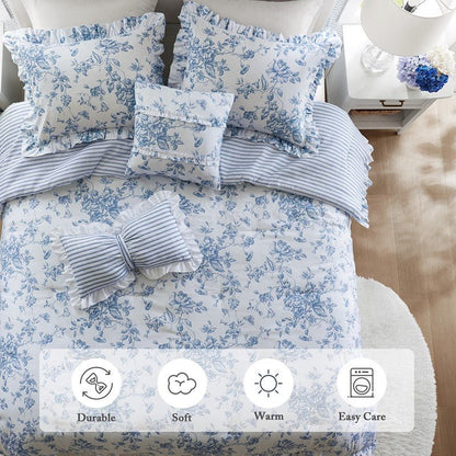 Adele Comforter Set with Decorative Pillows - Coastal Floral Comforter Set - Blue - Quahog Bay Bedding