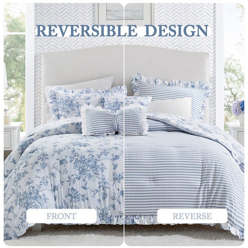 Adele Comforter Set with Decorative Pillows - Coastal Floral Comforter Set - Blue - Quahog Bay Bedding