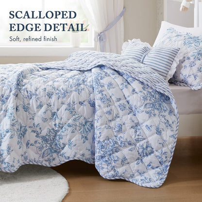 Adele Vintage Cottage Style Scalloped Edge Quilt Set | Blue - Quahog Bay Bedding