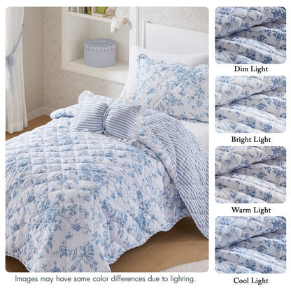 Adele Vintage Cottage Style Scalloped Edge Quilt Set | Blue - Quahog Bay Bedding