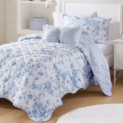 Adele Vintage Cottage Style Scalloped Edge Quilt Set | Blue - Quahog Bay Bedding