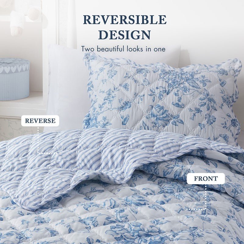 Adele Vintage Cottage Style Scalloped Edge Quilt Set | Blue - Quahog Bay Bedding