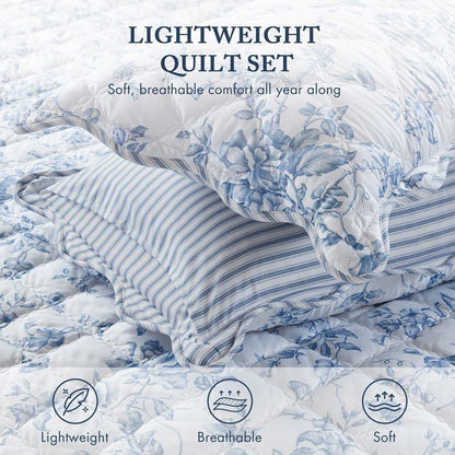 Adele Vintage Cottage Style Scalloped Edge Quilt Set | Blue - Quahog Bay Bedding