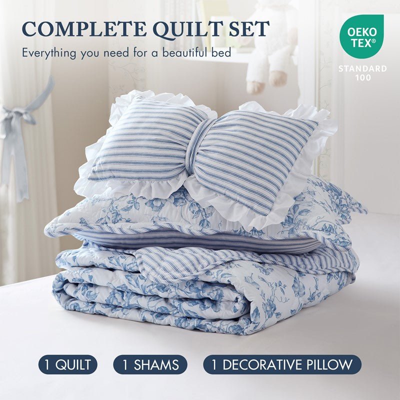 Adele Vintage Cottage Style Scalloped Edge Quilt Set | Blue - Quahog Bay Bedding