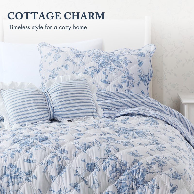 Adele Vintage Cottage Style Scalloped Edge Quilt Set | Blue - Quahog Bay Bedding