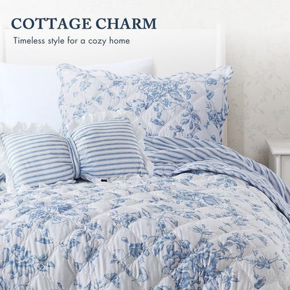 Adele Vintage Cottage Style Scalloped Edge Quilt Set | Blue - Quahog Bay Bedding