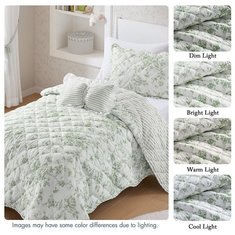 Adele Vintage Cottage Style Scalloped Edge Quilt Set | Green - Quahog Bay Bedding