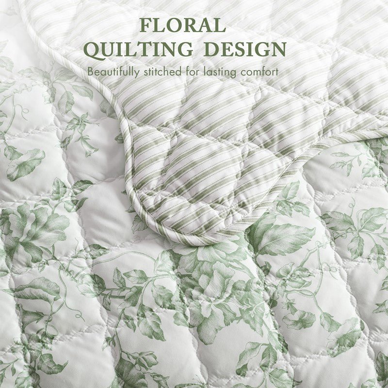 Adele Vintage Cottage Style Scalloped Edge Quilt Set | Green - Quahog Bay Bedding