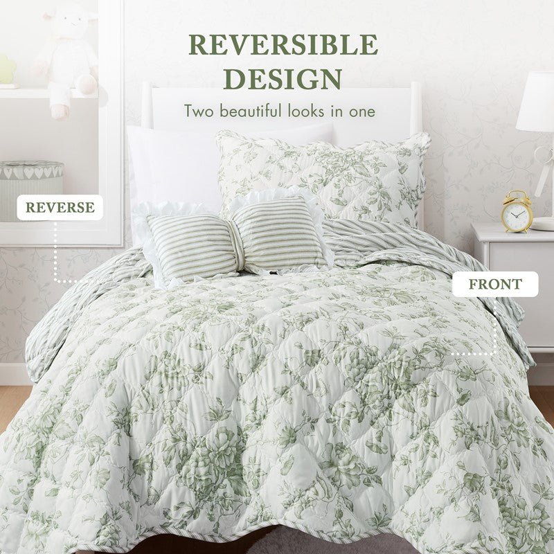 Adele Vintage Cottage Style Scalloped Edge Quilt Set | Green - Quahog Bay Bedding