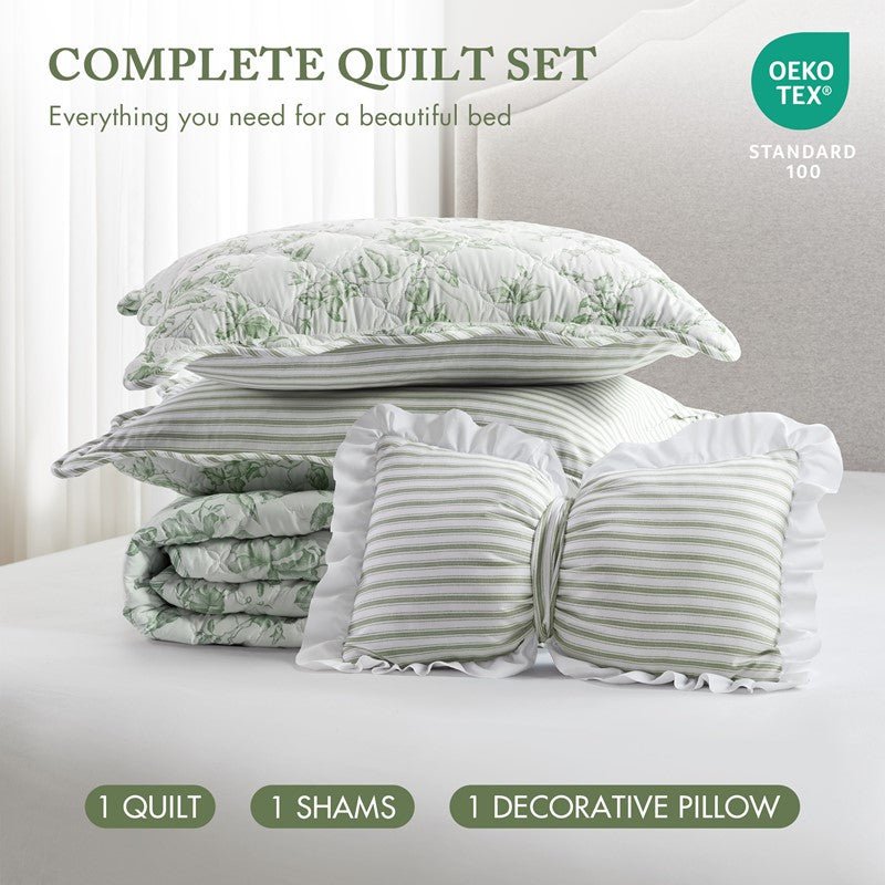 Adele Vintage Cottage Style Scalloped Edge Quilt Set | Green - Quahog Bay Bedding