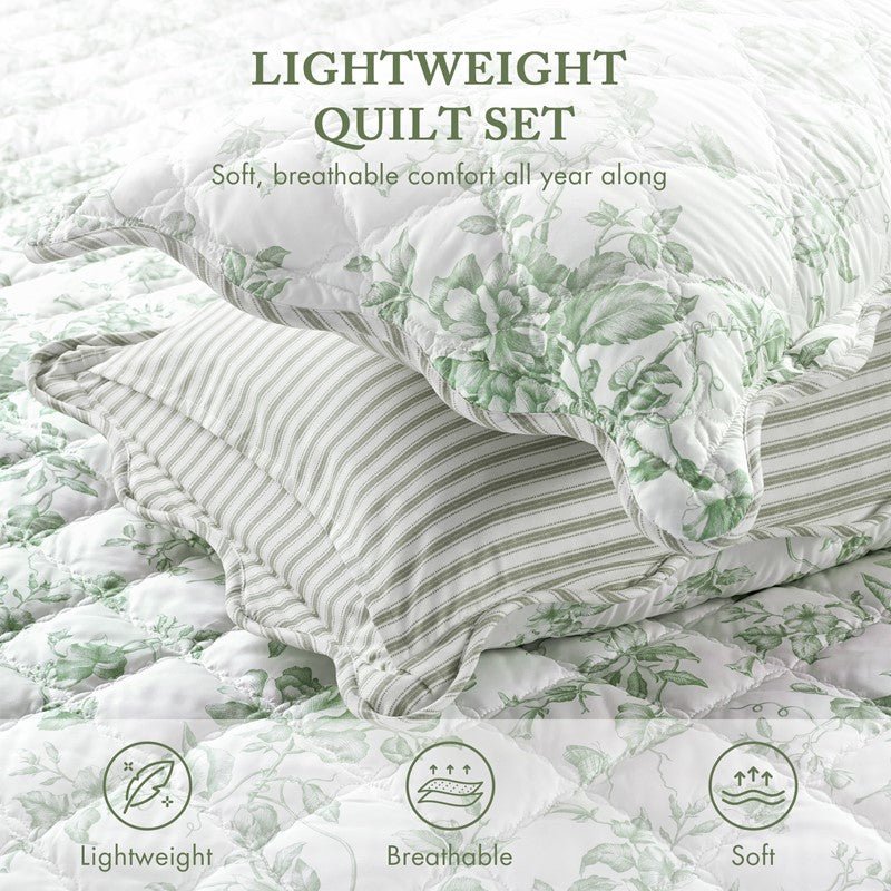 Adele Vintage Cottage Style Scalloped Edge Quilt Set | Green - Quahog Bay Bedding
