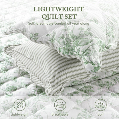 Adele Vintage Cottage Style Scalloped Edge Quilt Set | Green - Quahog Bay Bedding