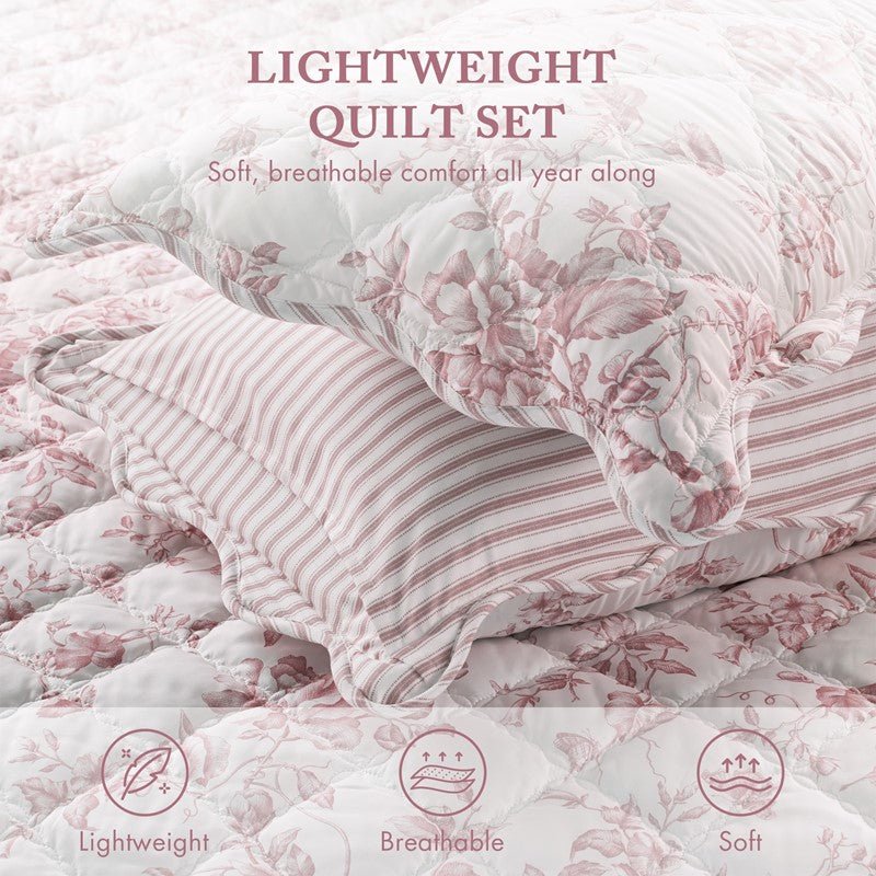 Adele Vintage Cottage Style Scalloped Edge Quilt Set | Pink - Quahog Bay Bedding