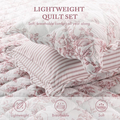 Adele Vintage Cottage Style Scalloped Edge Quilt Set | Pink - Quahog Bay Bedding