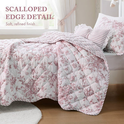 Adele Vintage Cottage Style Scalloped Edge Quilt Set | Pink - Quahog Bay Bedding
