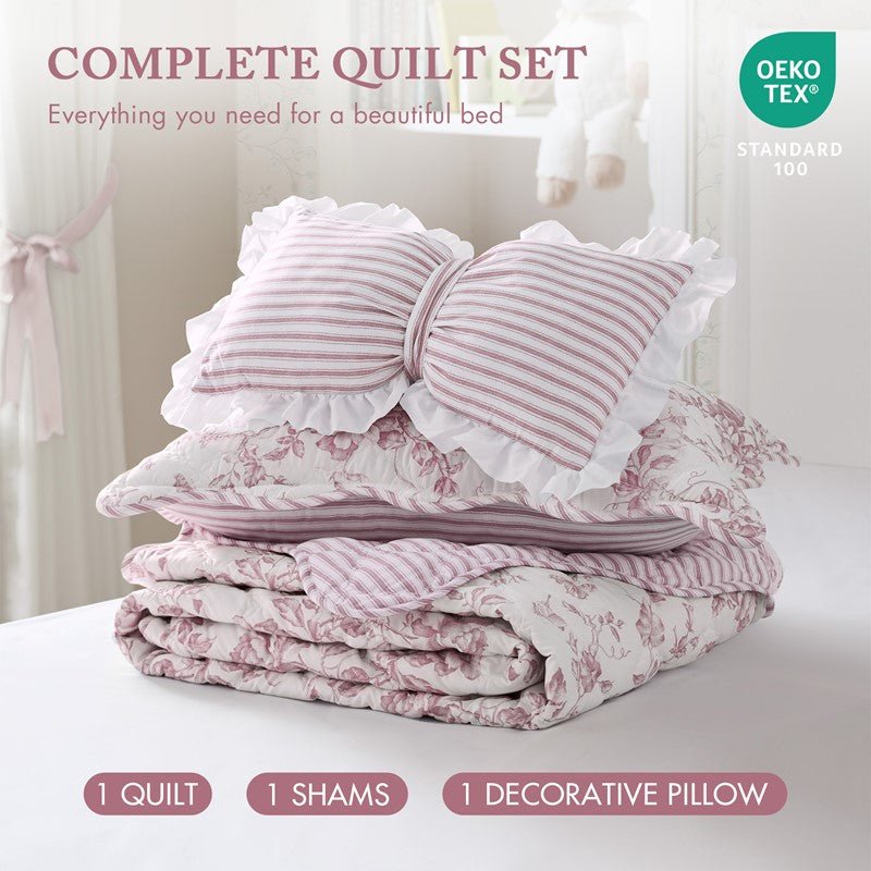 Adele Vintage Cottage Style Scalloped Edge Quilt Set | Pink - Quahog Bay Bedding