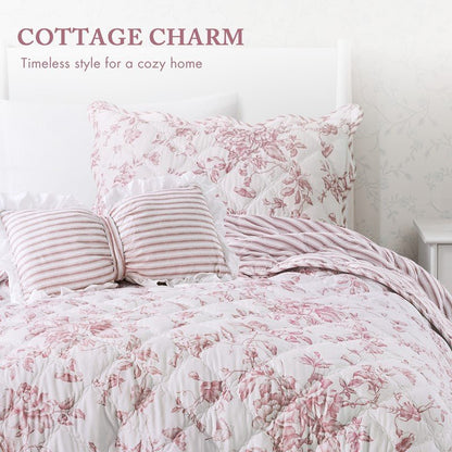 Adele Vintage Cottage Style Scalloped Edge Quilt Set | Pink - Quahog Bay Bedding