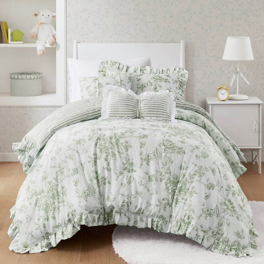 Adele Vintage Shabby Chic Comforter Set with Decorative Pillows - Green - Quahog Bay Bedding