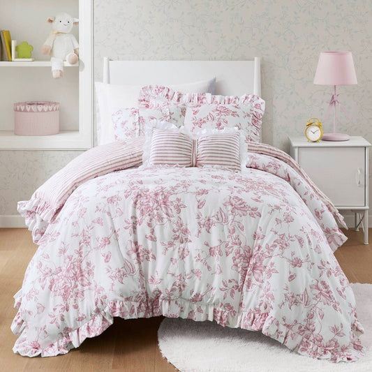 Adele Vintage Shabby Chic Comforter Set with Decorative Pillows | Pink - Quahog Bay Bedding