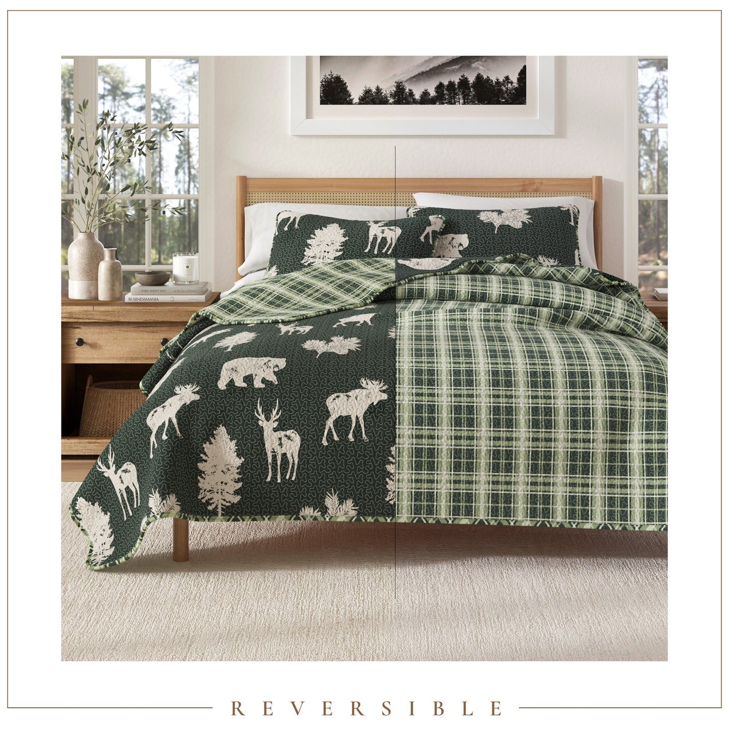 Lodge Quilt - Green With Deer, Moose, Trees - Fall Themed Bedding