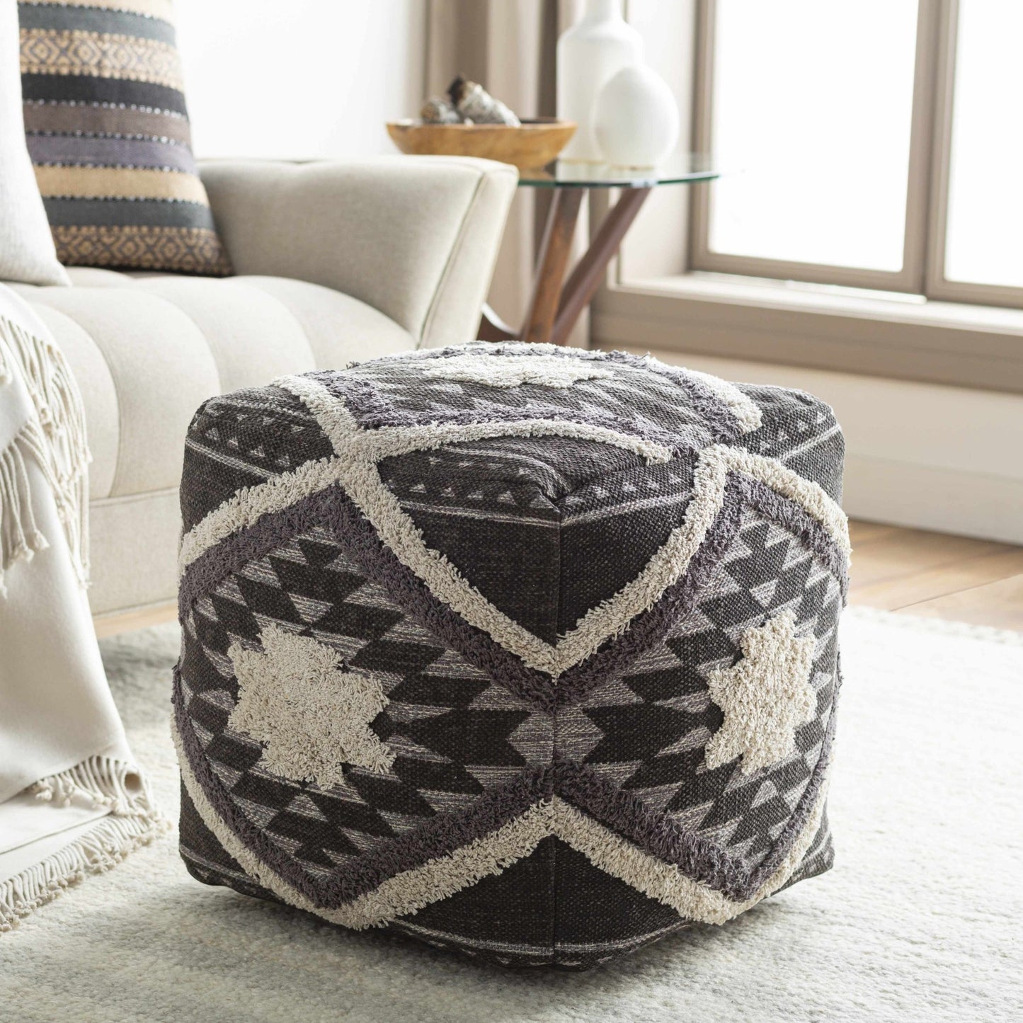 Almondbank Handwoven Beige Cotton Pouf - Quahog Bay Bedding