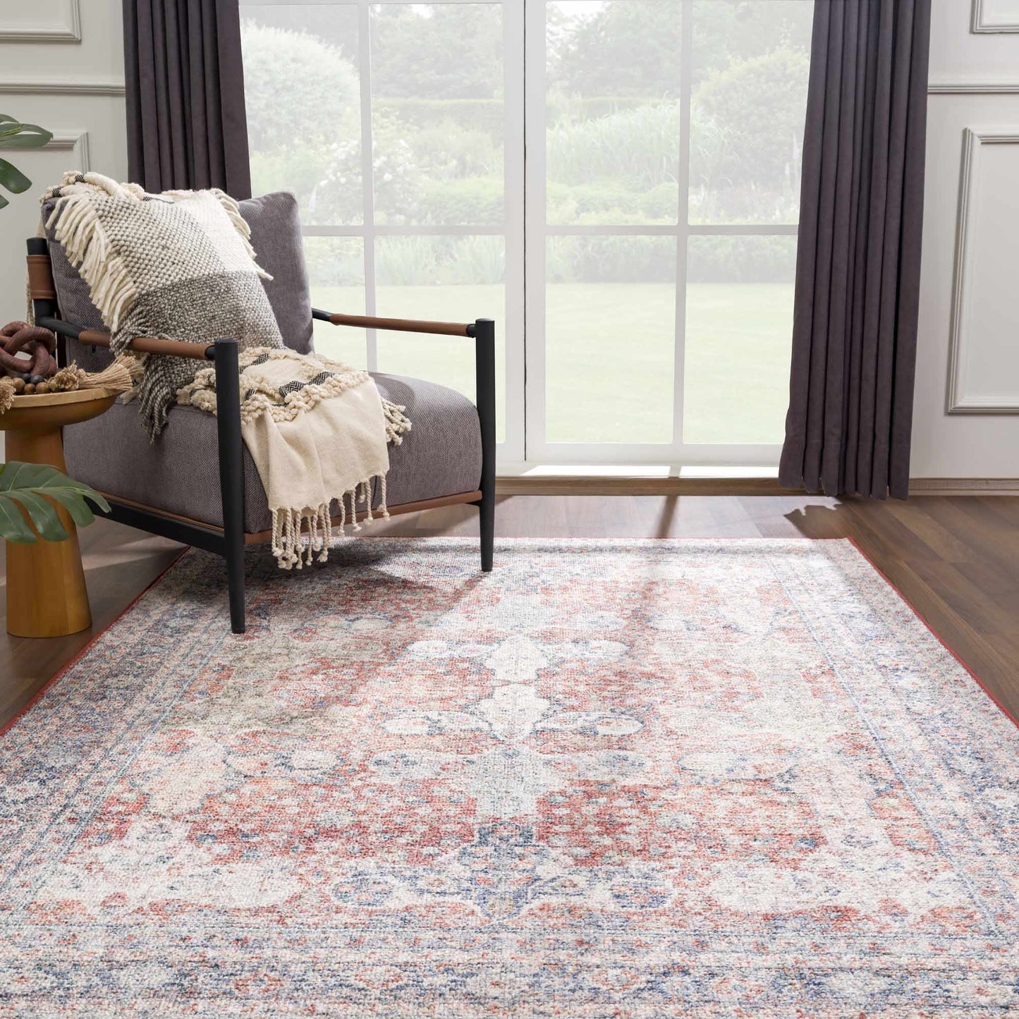 Ambre Burgundy, Blue & Beige Washable Area Rug - Quahog Bay Bedding