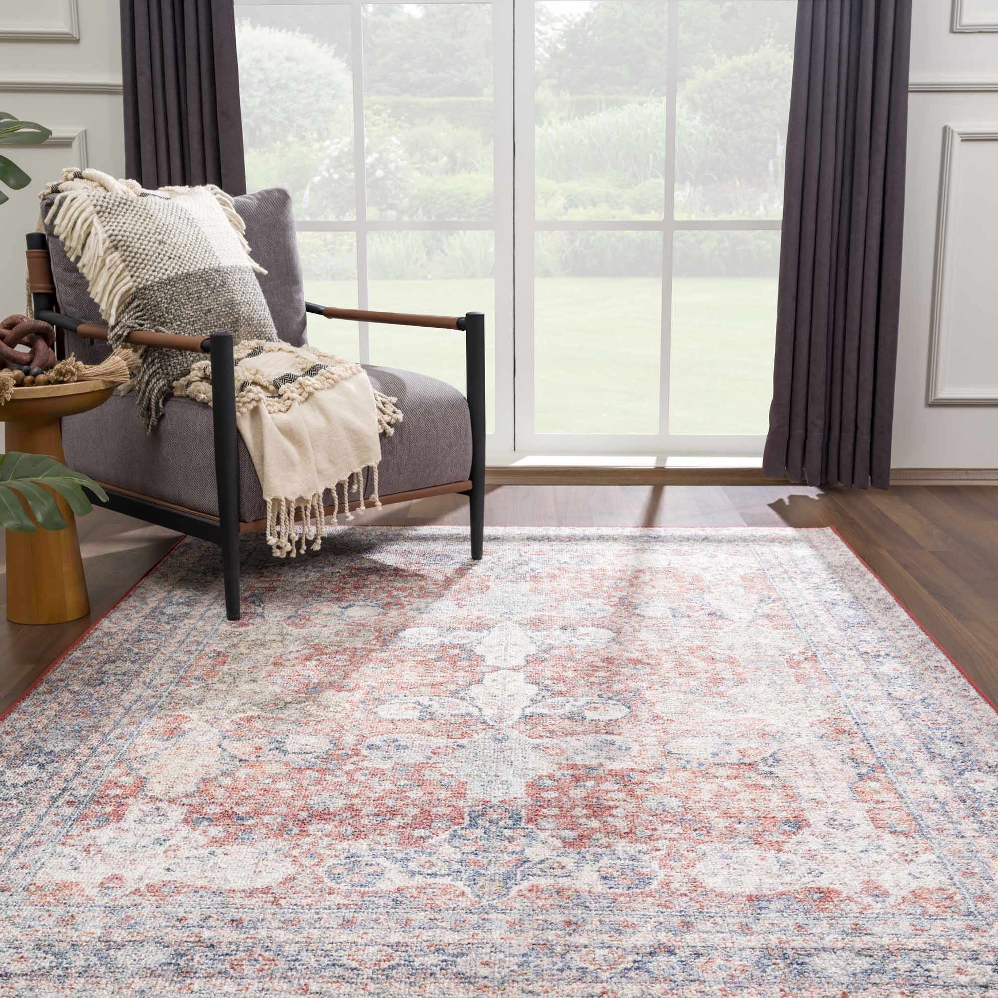 Ambre Burgundy, Blue & Beige Washable Area Rug - Quahog Bay Bedding