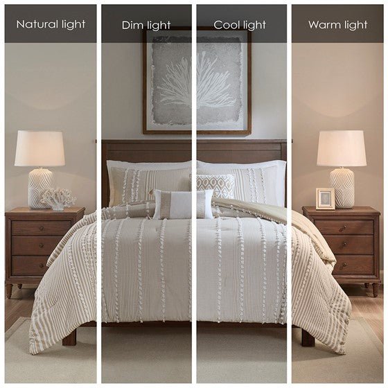 Anslee Jacquard Yarn Dyed Cotton 3PC Comforter Set - Soft White & Taupe Hues - Quahog Bay Bedding