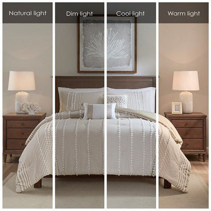 Anslee Jacquard Yarn Dyed Cotton 3PC Comforter Set - Soft White & Taupe Hues - Quahog Bay Bedding