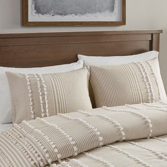 Anslee Jacquard Yarn Dyed Cotton 3PC Comforter Set - Soft White & Taupe Hues - Quahog Bay Bedding