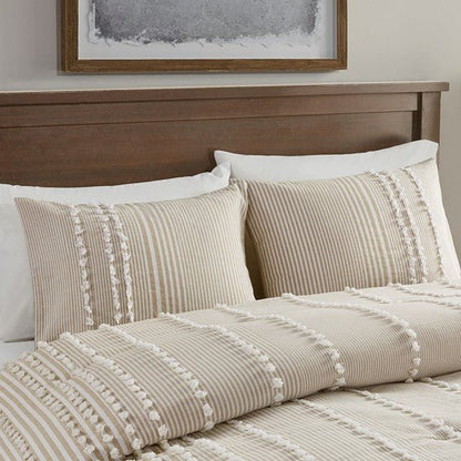 Anslee Jacquard Yarn Dyed Cotton 3PC Comforter Set - Soft White & Taupe Hues - Quahog Bay Bedding