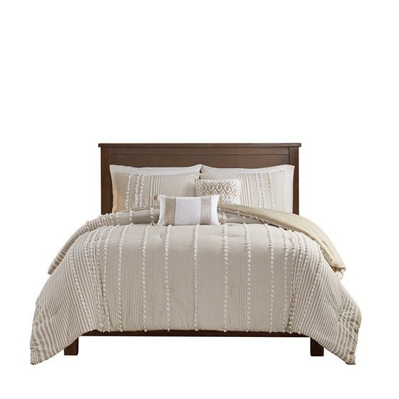 Anslee Jacquard Yarn Dyed Cotton 3PC Comforter Set - Soft White & Taupe Hues - Quahog Bay Bedding