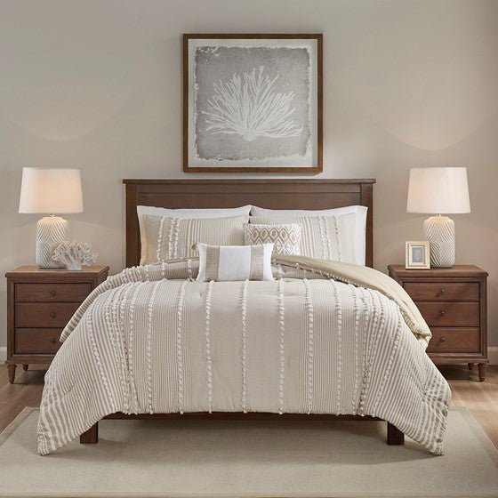 Anslee Jacquard Yarn Dyed Cotton 3PC Comforter Set - Soft White & Taupe Hues - Quahog Bay Bedding