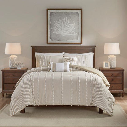 Anslee Jacquard Yarn Dyed Cotton 3PC Comforter Set - Soft White & Taupe Hues - Quahog Bay Bedding
