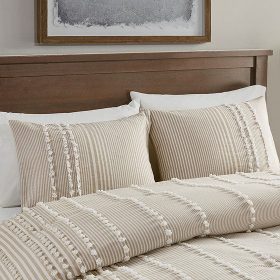 Anslee 3 Piece Cotton Yarn Dyed Duvet Cover Set Taupe