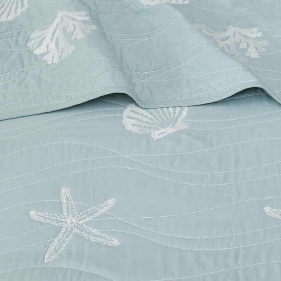 Seaside 4 Piece Cotton Aqua Reversible Embroidered Quilt Set with Throw Pillow