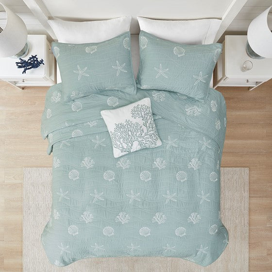 Seaside 4 Piece Cotton Aqua Reversible Embroidered Quilt Set with Throw Pillow