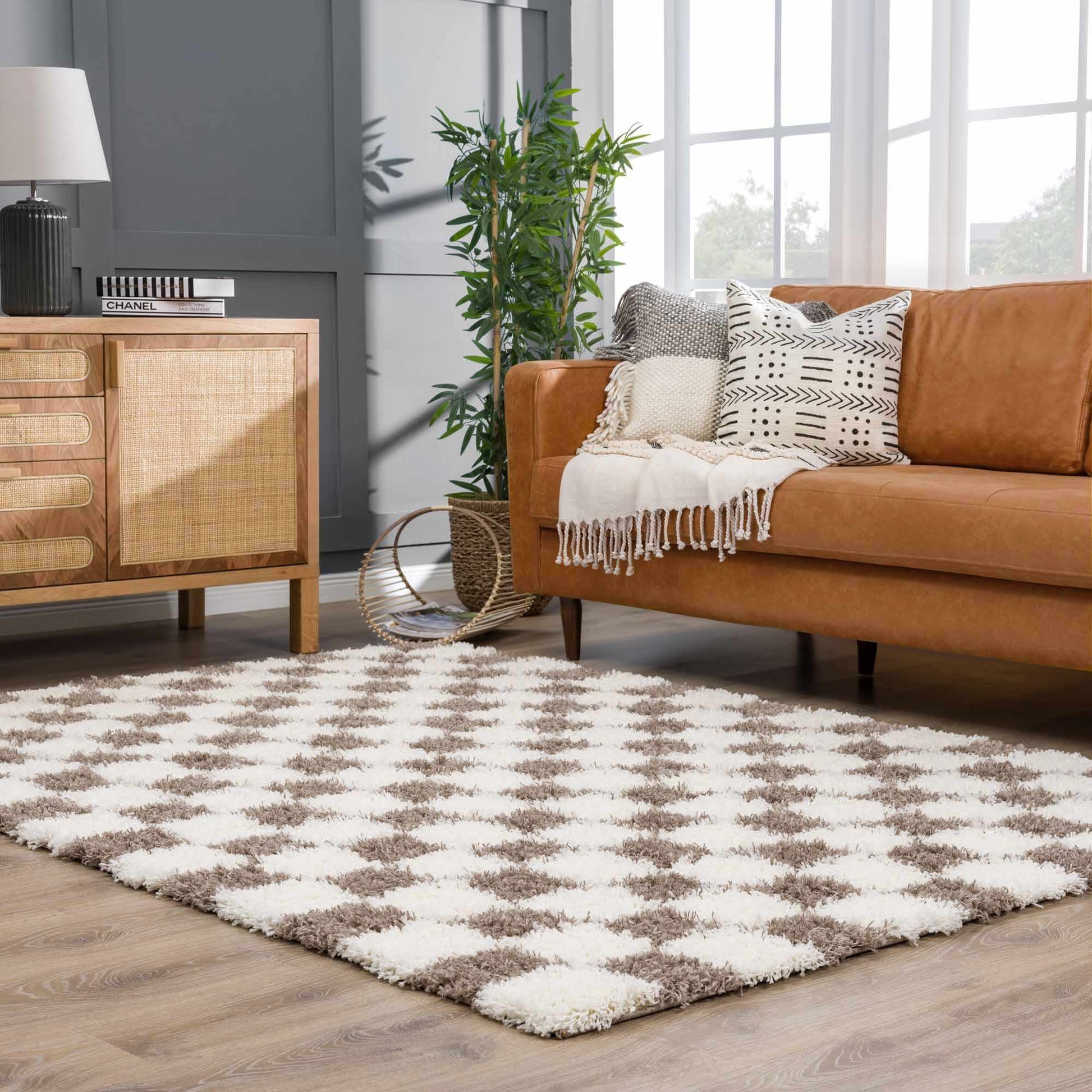 Atira Brown Checkered Area Rug - Quahog Bay Bedding