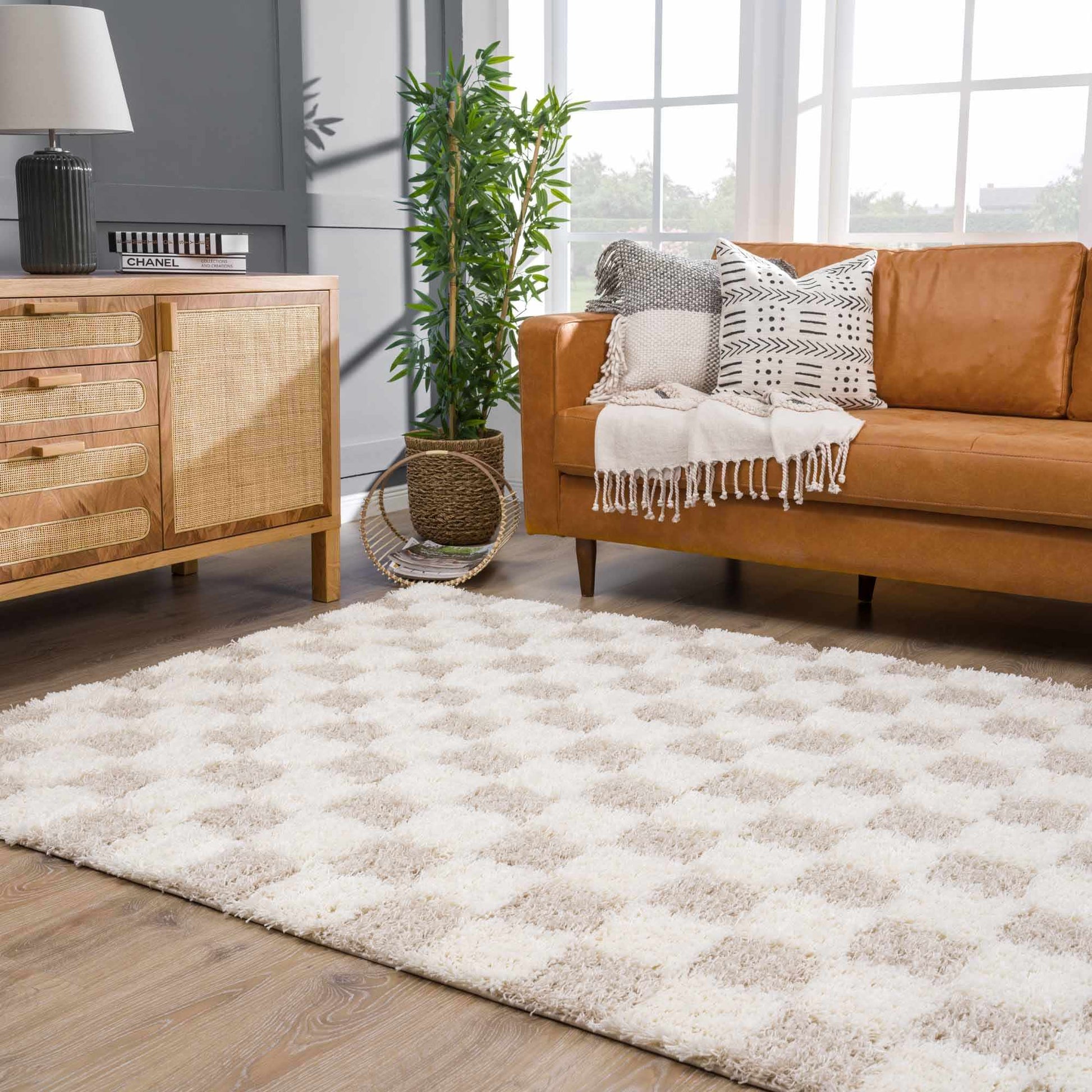 Atira Light Brown Checkered Area Rug - Quahog Bay Bedding