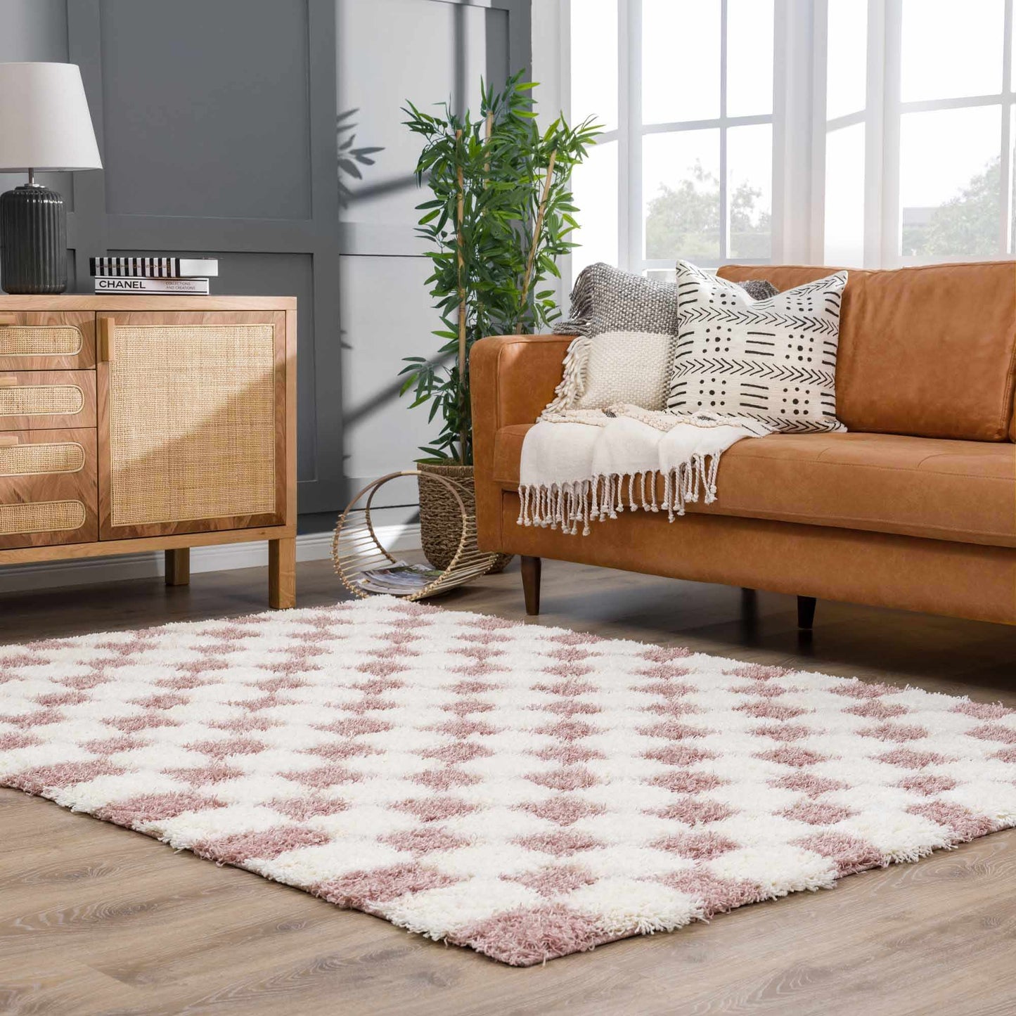 Atira Pink Checkered Shag Rug - Quahog Bay Bedding