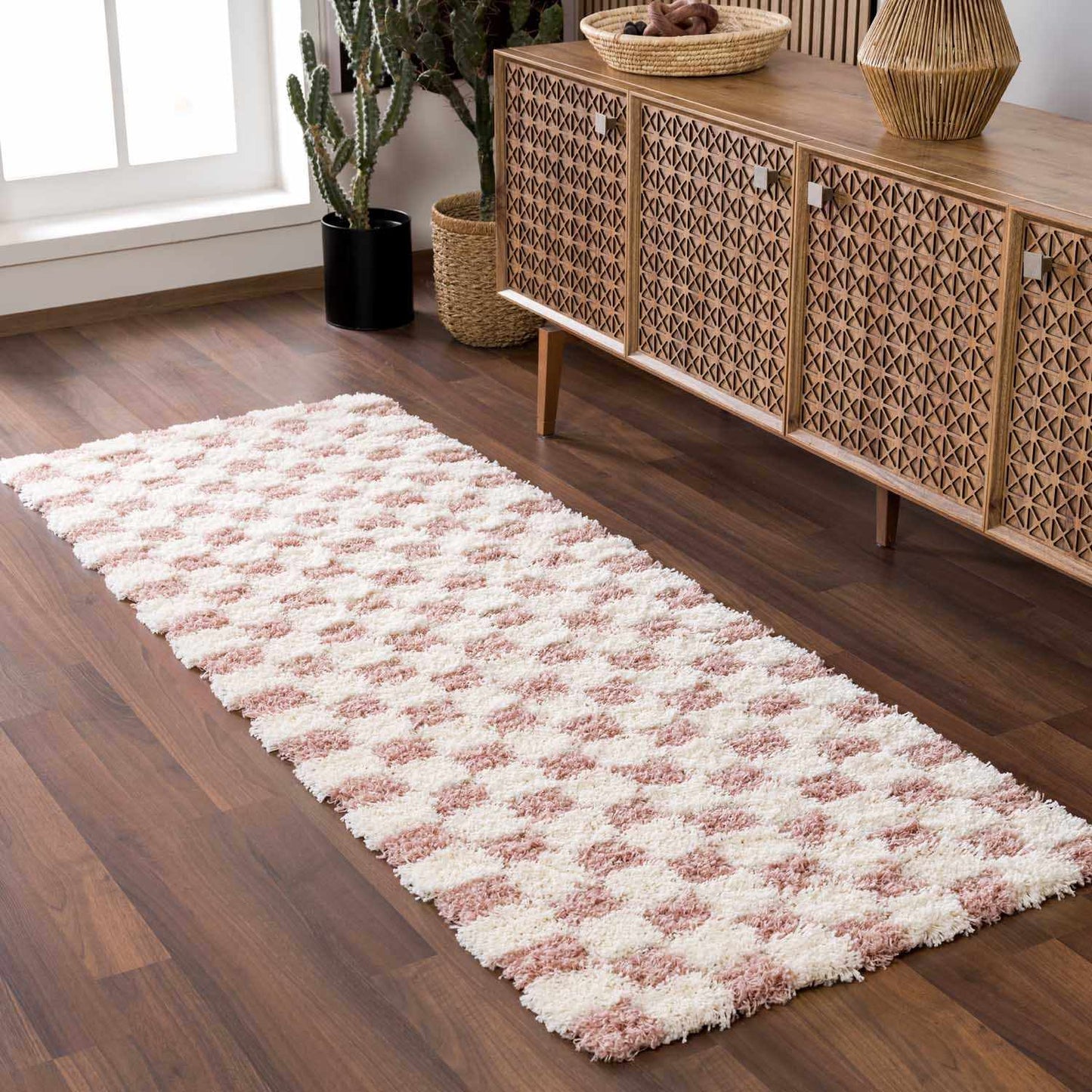 Atira Pink Checkered Shag Rug - Quahog Bay Bedding