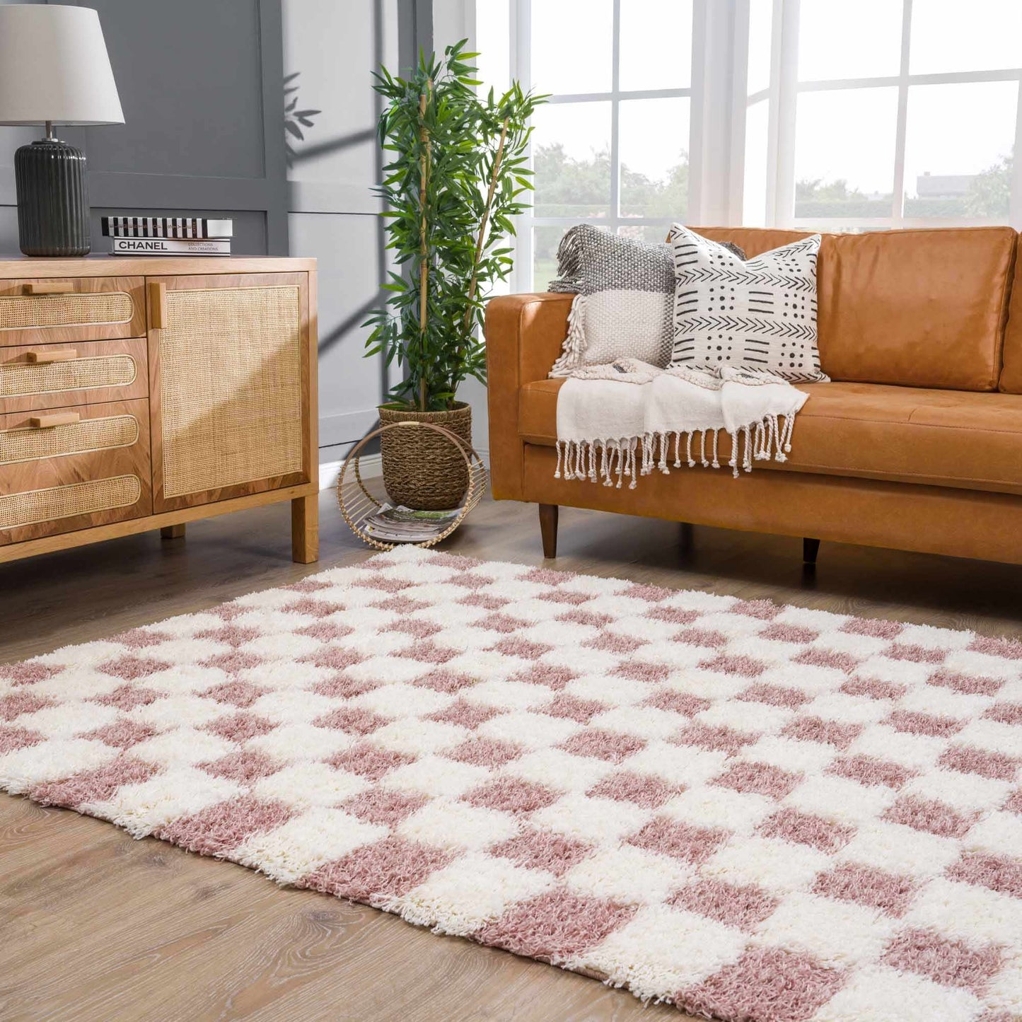 Atira Pink Checkered Shag Rug - Quahog Bay Bedding