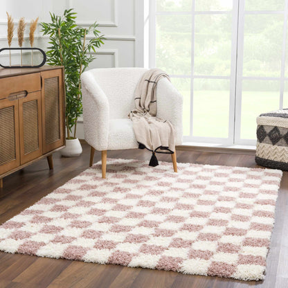 Atira Pink Checkered Shag Rug - Quahog Bay Bedding