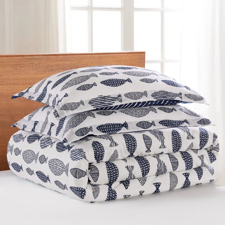 Bakio Coastal Comforter Set - Navy & White Fish Geometric Design - Quahog Bay Bedding