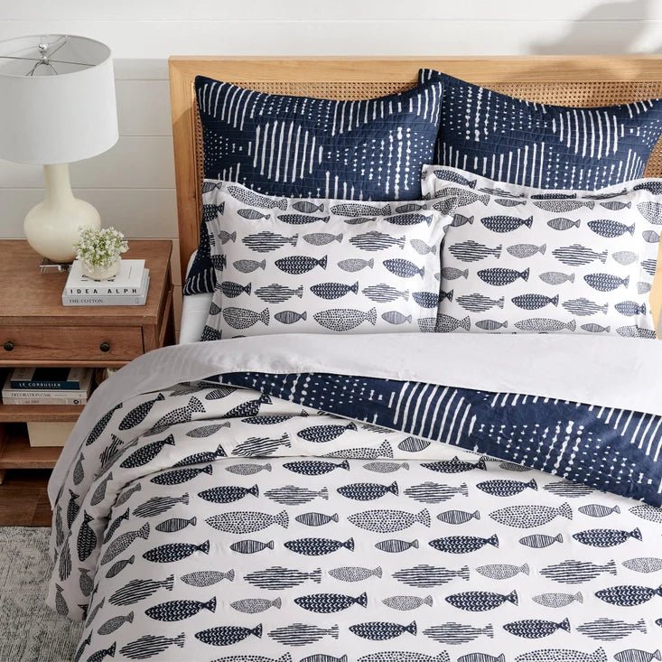 Bakio Coastal Comforter Set - Navy & White Fish Geometric Design - Quahog Bay Bedding
