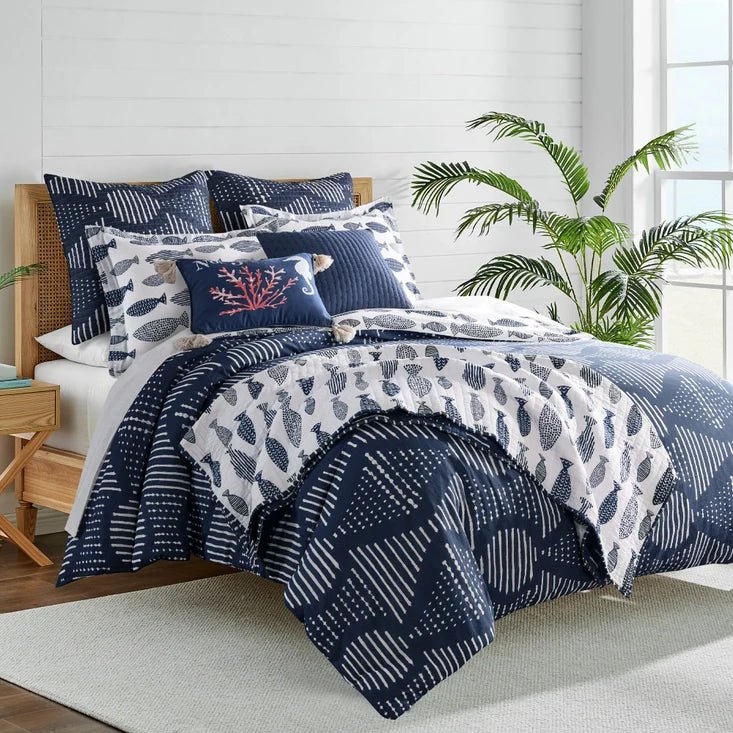 Bakio Coastal Comforter Set - Navy & White Fish Geometric Design - Quahog Bay Bedding
