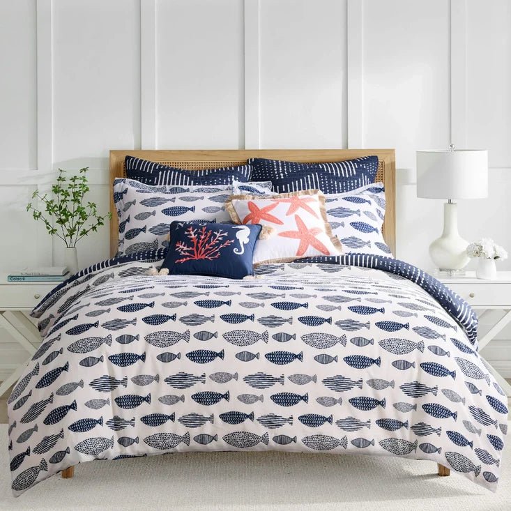 Bakio Coastal Comforter Set - Navy & White Fish Geometric Design - Quahog Bay Bedding
