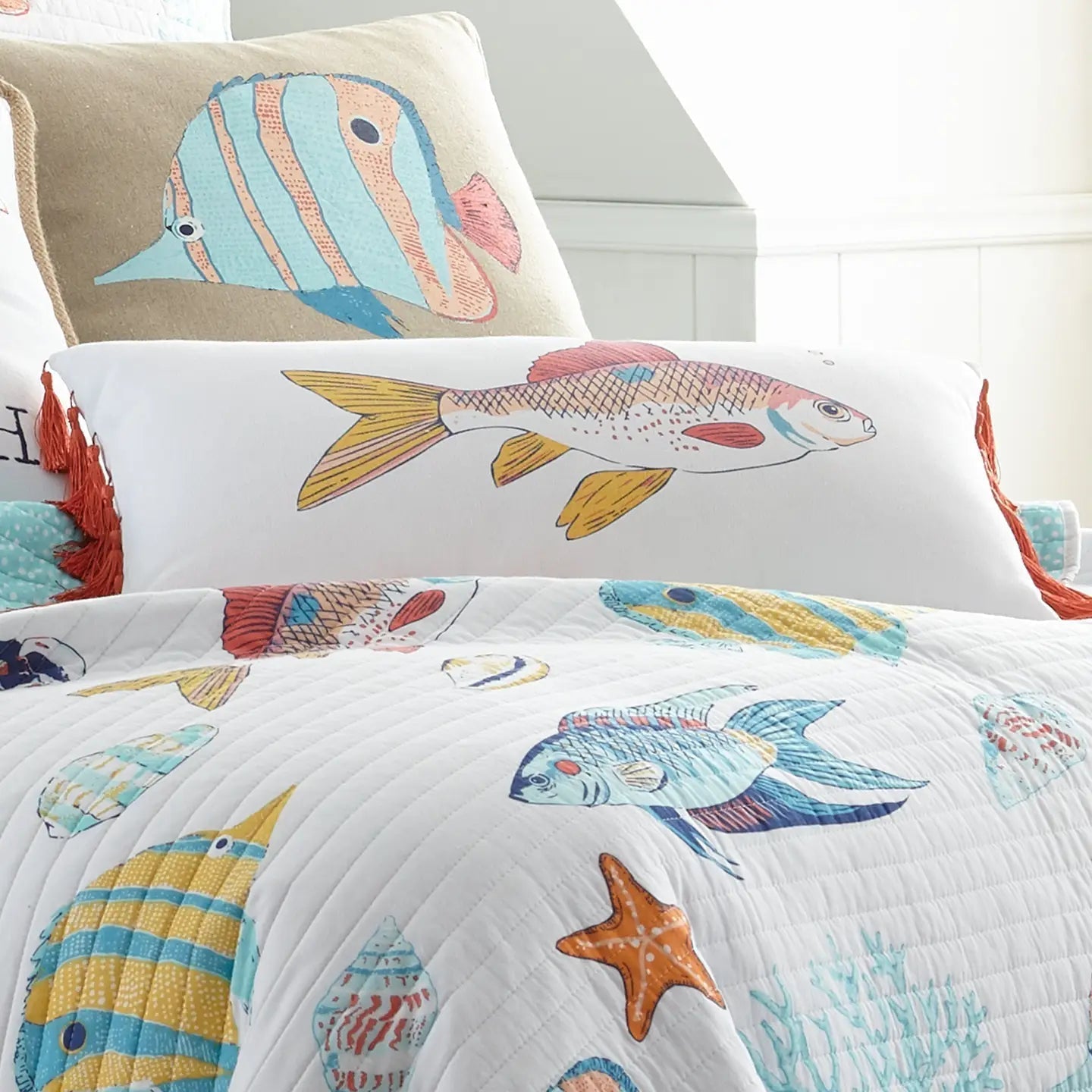 Barrier Reef Fish Pillow w/ Tassles - Ocean Themed Throw Pillows - Quahog Bay Bedding