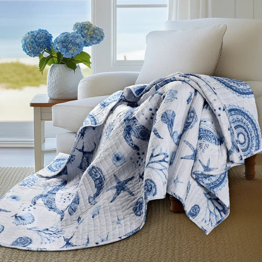 Batik Ocean Quilted Throw Blanket - Coastal Throw Blanket - Quahog Bay Bedding