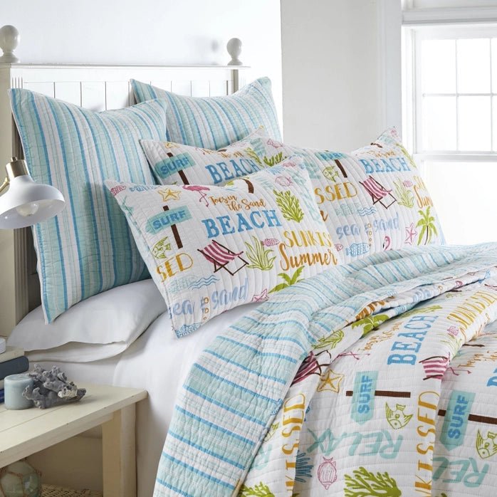 Beach Days Reversible Coastal Quilt Set - Coastal Themed Quilt Set - Quahog Bay Bedding